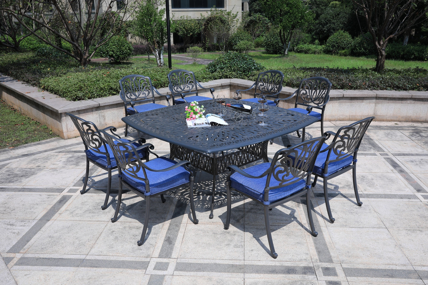 Otero 9 Pc 64" Aluminum Square Dining Set with Cushions - Navy Blue