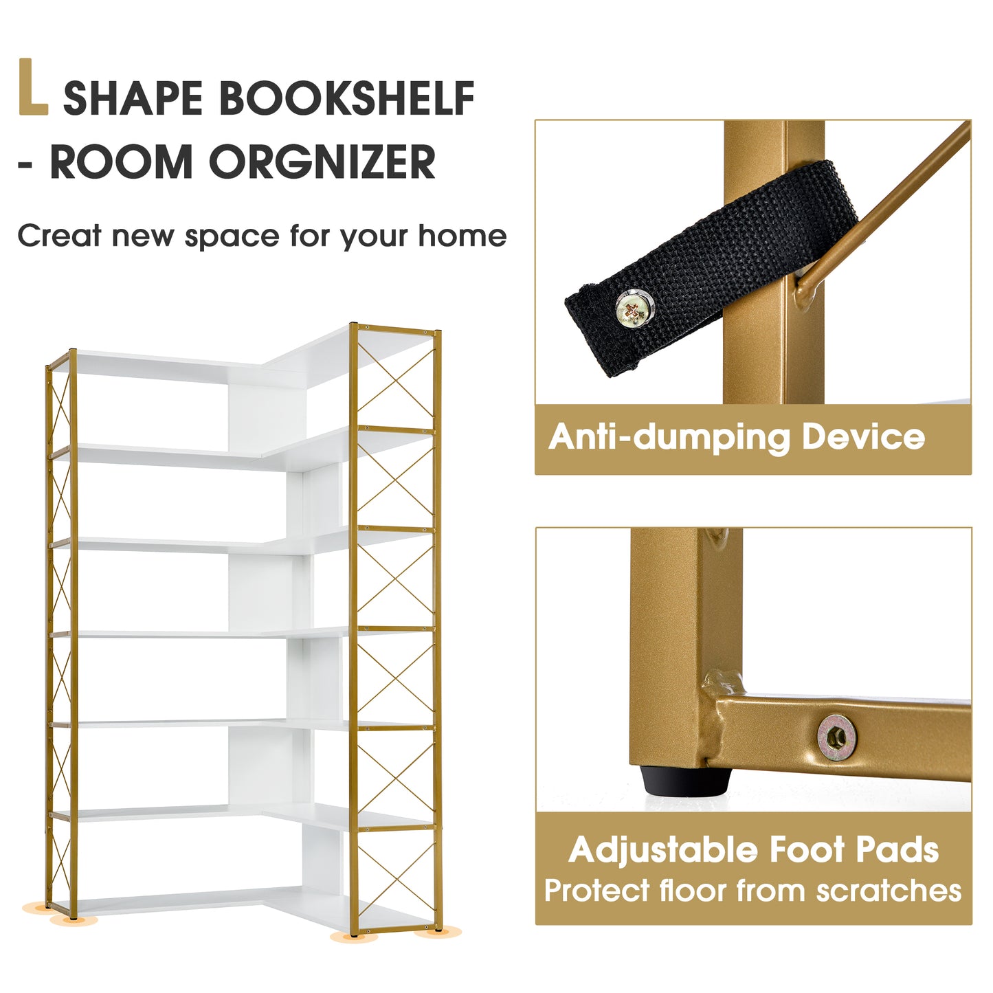 L-Shaped Corner Bookcase - Golden+White