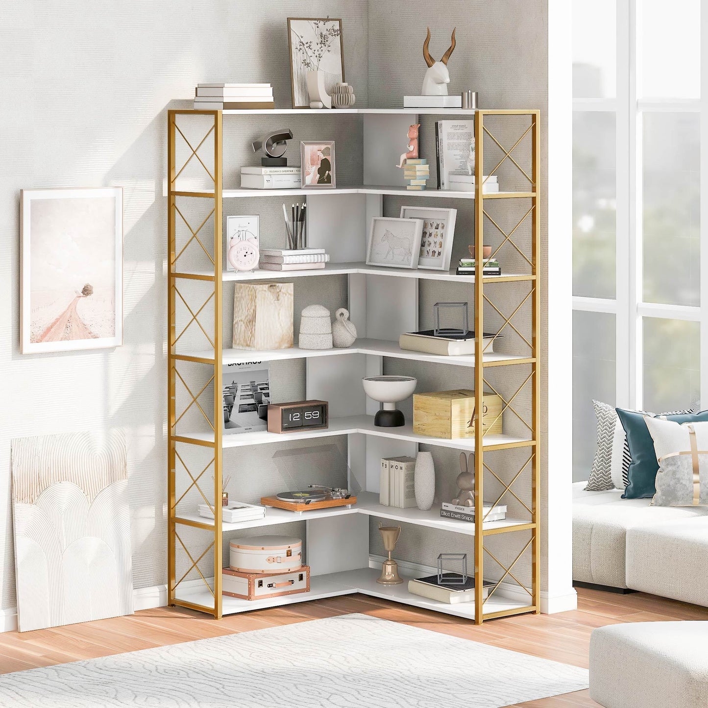 L-Shaped Corner Bookcase - Golden+White