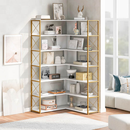 L-Shaped Corner Bookcase - Golden+White