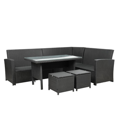 Elegant Oasis 6-Piece Outdoor Patio Furniture Set with Glass Table and Ottomans (Black)