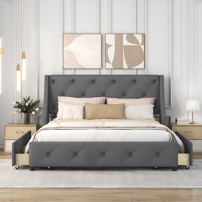 Jamu Queen Size Platform Bed with Wingback Headboard - Gray