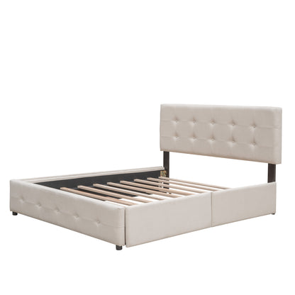 Draco Queen Size Platform Bed with 2 Drawers - Beige