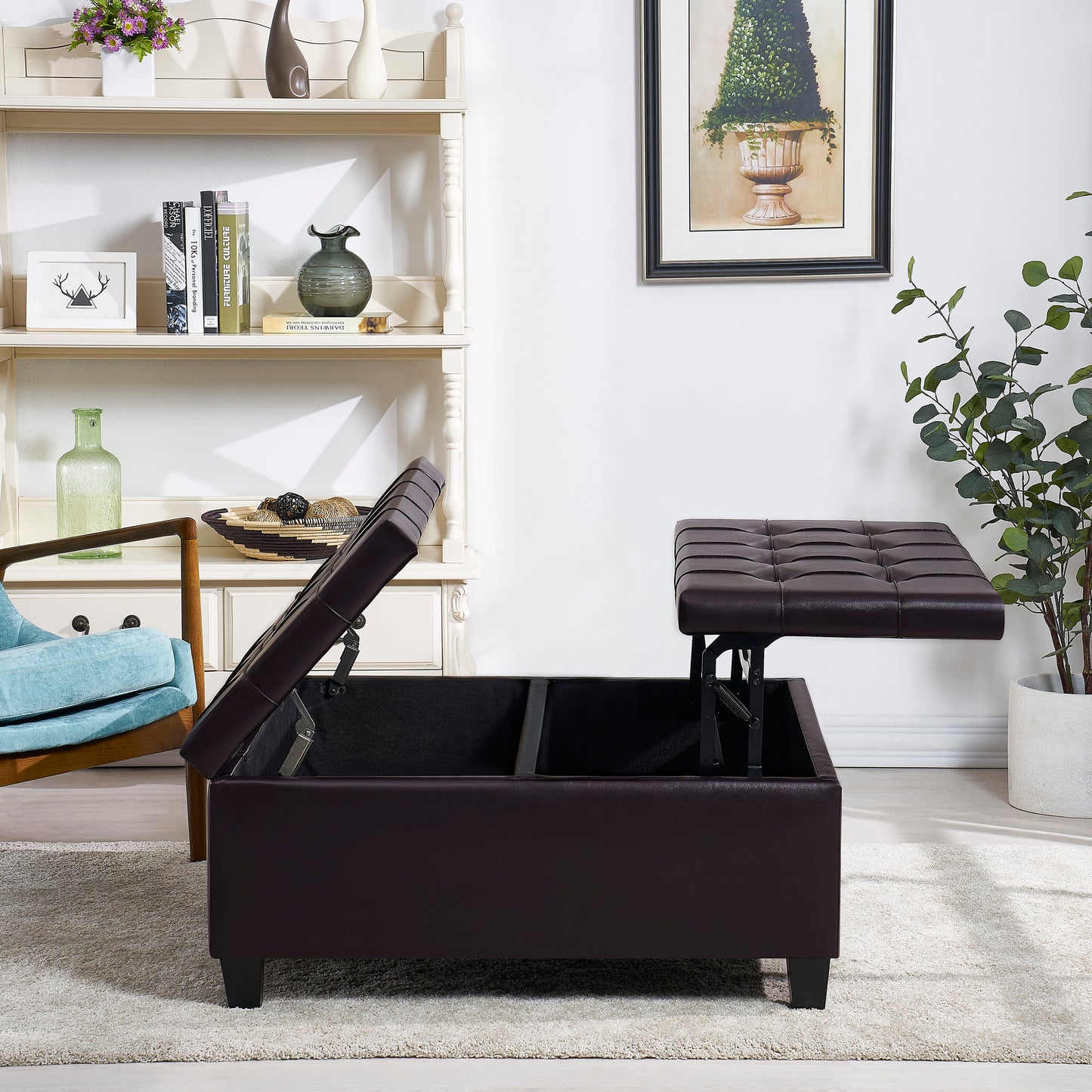 Square Faux Leather Storage Ottoman - Dark Brown