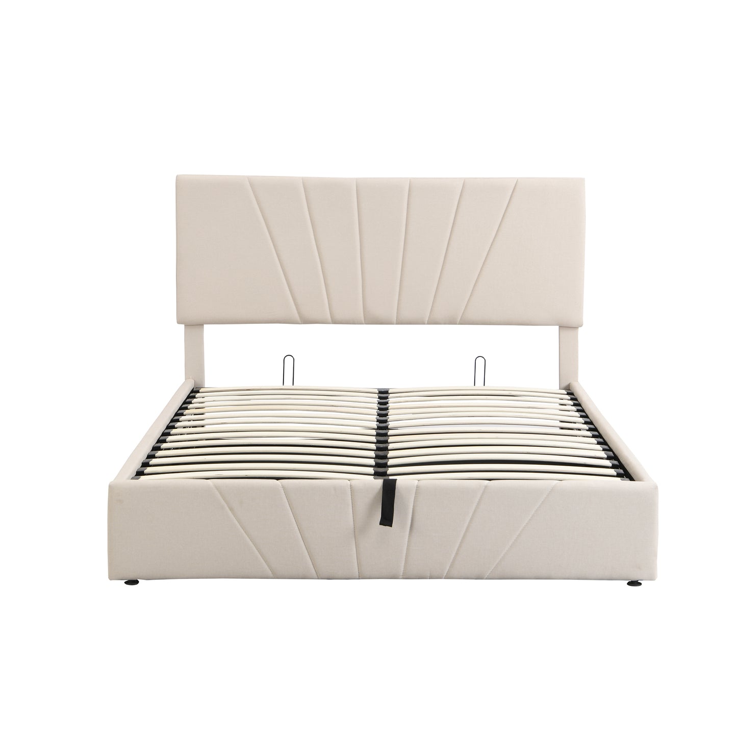 Regal Restful Retreat - Beige Upholstered Platform Bed with Hydraulic Storage