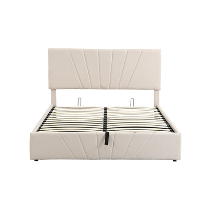 Regal Restful Retreat - Beige Upholstered Platform Bed with Hydraulic Storage