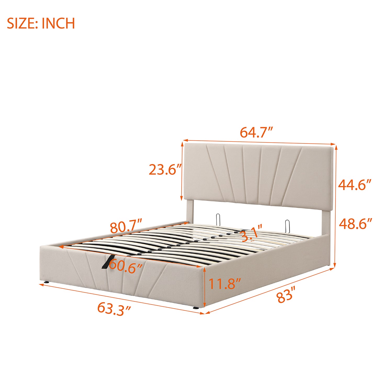 Regal Restful Retreat - Beige Upholstered Platform Bed with Hydraulic Storage