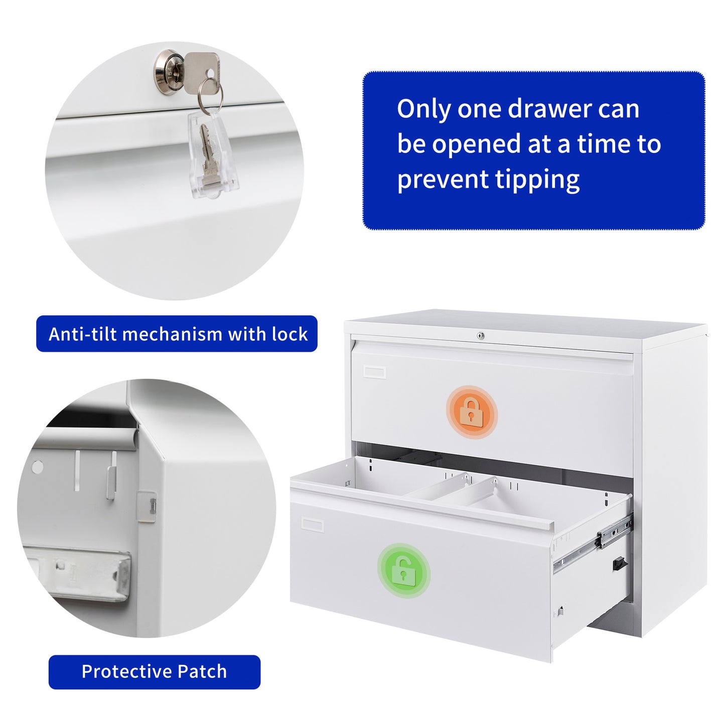 Lock Metal Steel 2 Drawer Lateral Filing Cabinet - White
