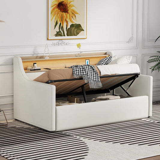 Aliza Twin Size Daybed with Hydraulic Lift Up Storage - White