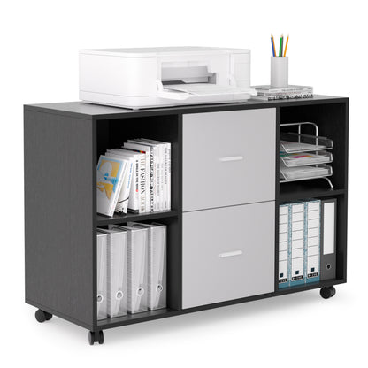 Mobile Wood File Cabinet 2-Drawer 4 open storage - Light Grey