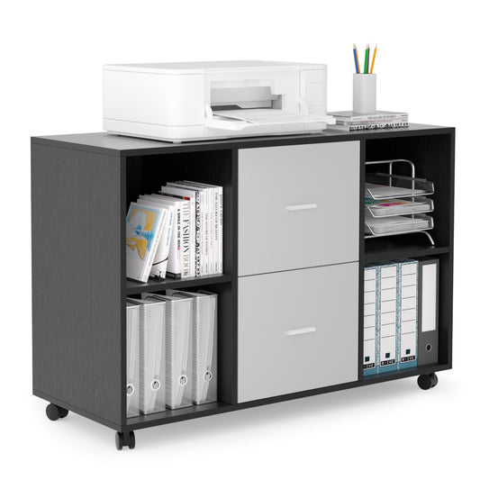 Mobile Wood File Cabinet 2-Drawer 4 open storage - Light Grey