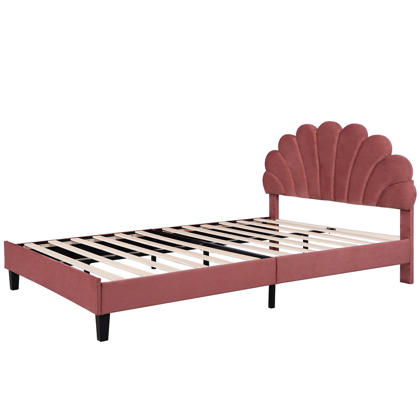 Floral Bliss Queen Size Velvet Platform Bed Frame - Red