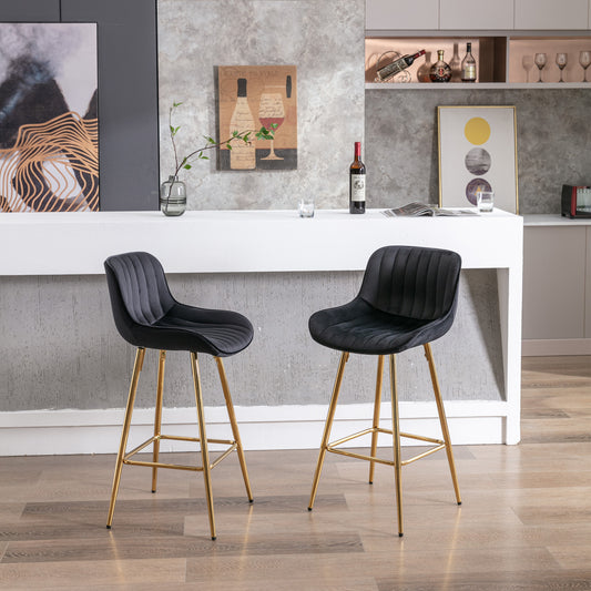 26 Inch Vista Bar Stools with Chrome Footrest  Velvet Fabric  Golden Leg - Black  Set of 2
