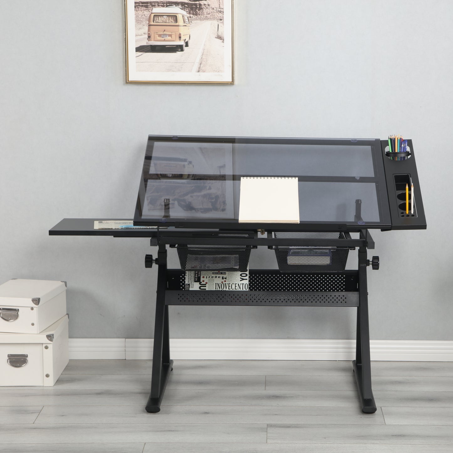 Adjustable tempered glass drafting printing table with chair