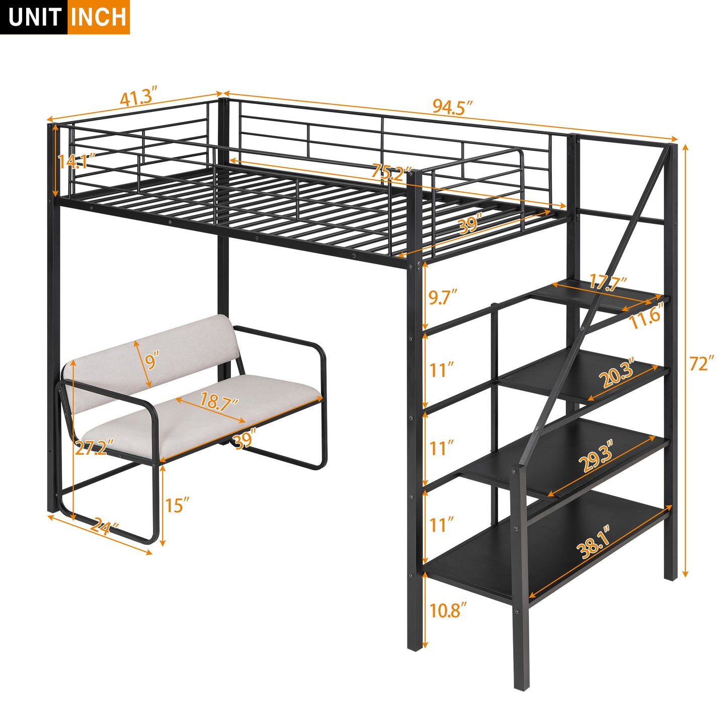 Black Beauty Loft Bed With Bench