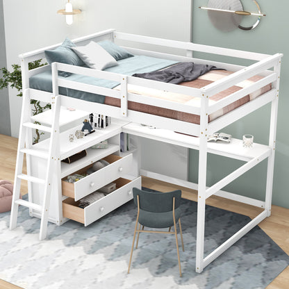 ElevateMax Full Size Loft Bed with Desk and Storage, in Elegant White