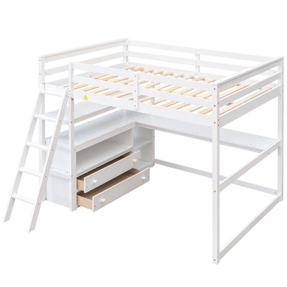 ElevateMax Full Size Loft Bed with Desk and Storage, in Elegant White