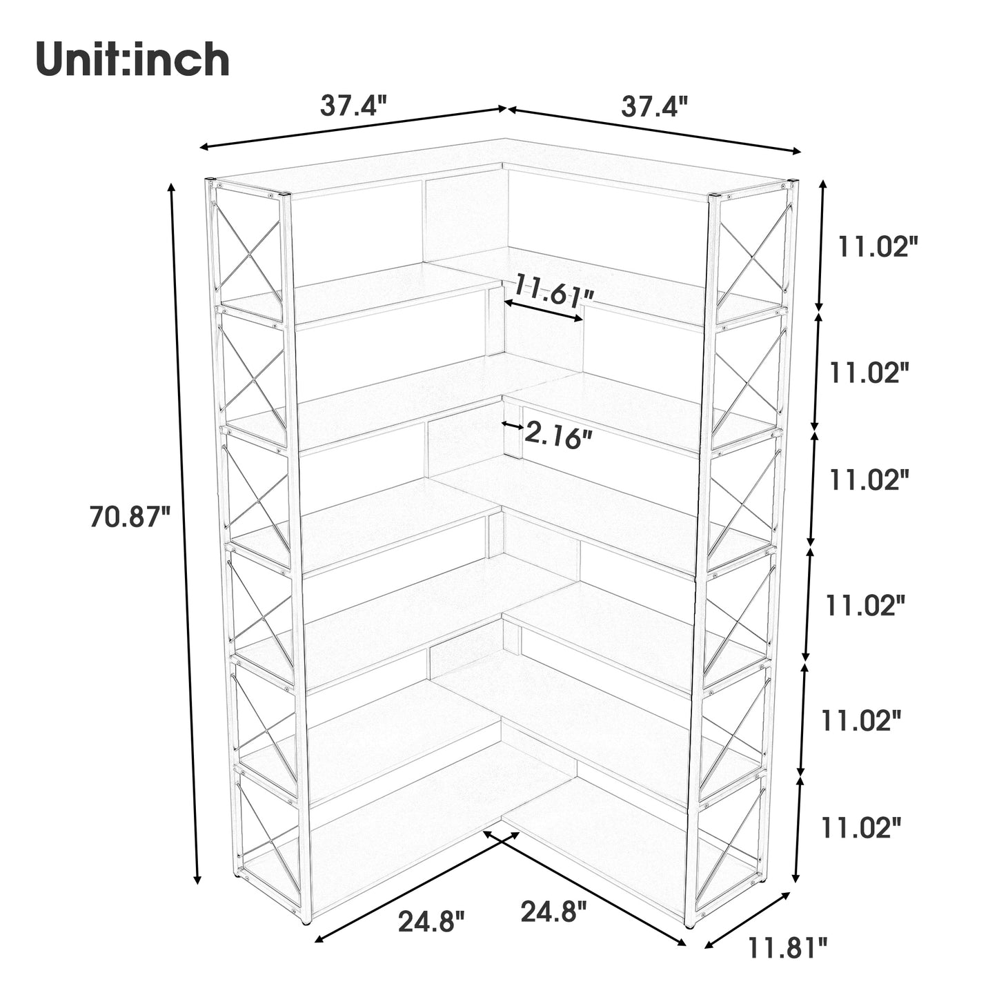 L-Shaped Corner Bookcase - Silver+Grey