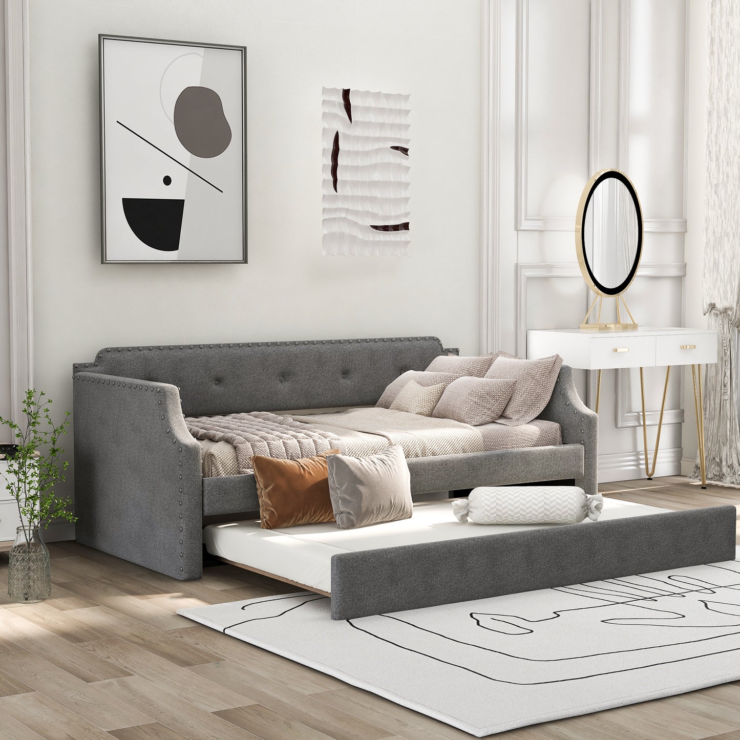 Ascar Twin Size Upholstered Daybed with  Trundle - Gray