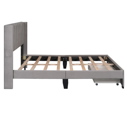 Shona Queen Size Velvet Platform Bed Frame - Gray