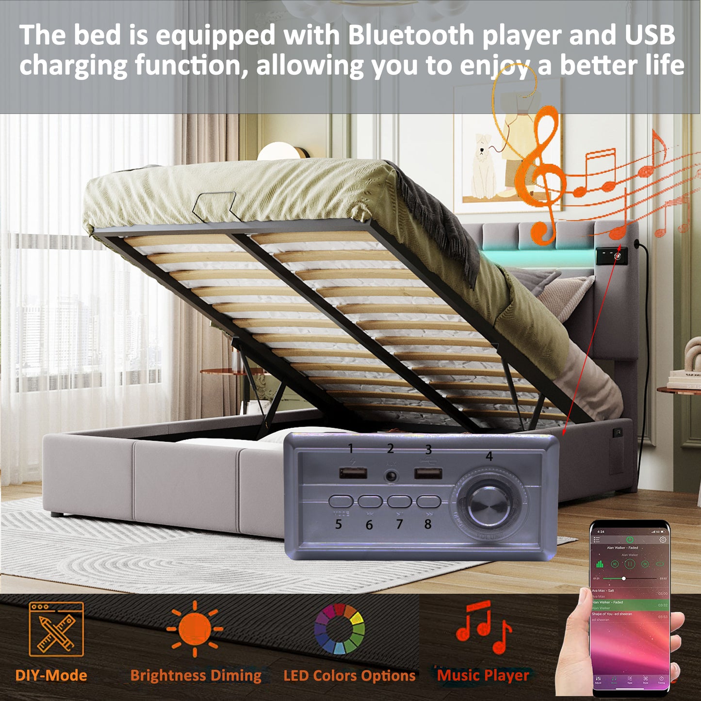 Luxury Dream Bed - Full Size with LED light, Bluetooth Player and USB Charging