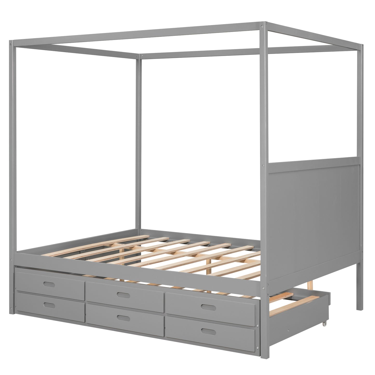 Elegant Haven Canopy Bed with Trundle and Storage, Gray
