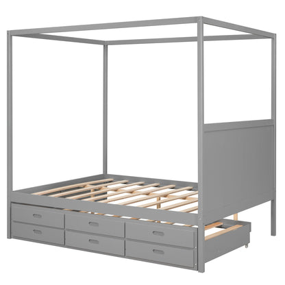 Elegant Haven Canopy Bed with Trundle and Storage, Gray