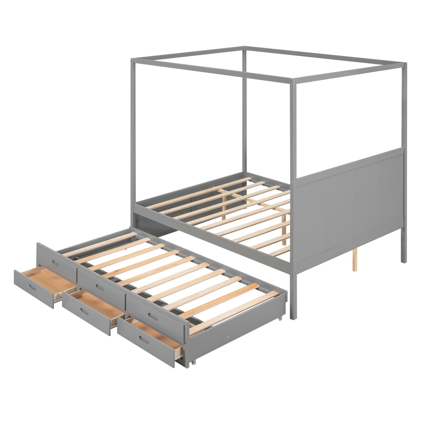 Elegant Haven Canopy Bed with Trundle and Storage, Gray