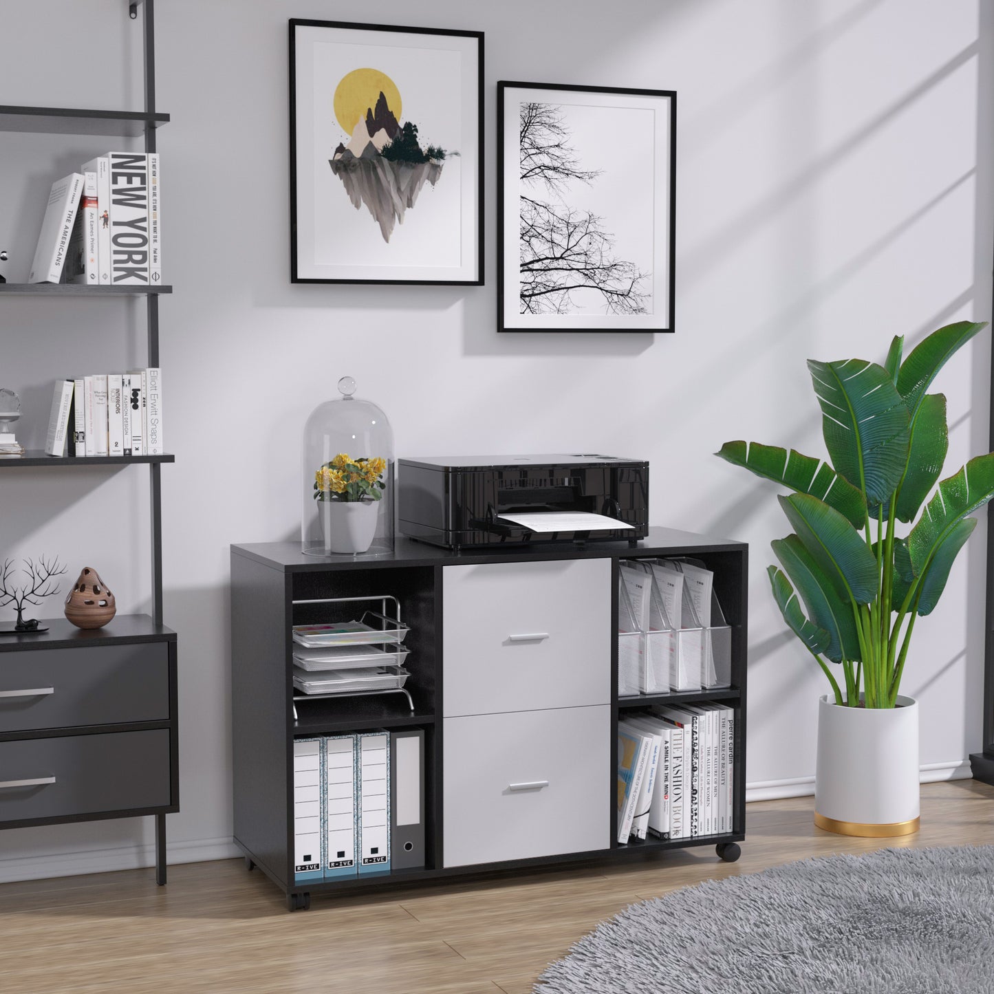 Mobile Wood File Cabinet 2-Drawer 4 open storage - Light Grey