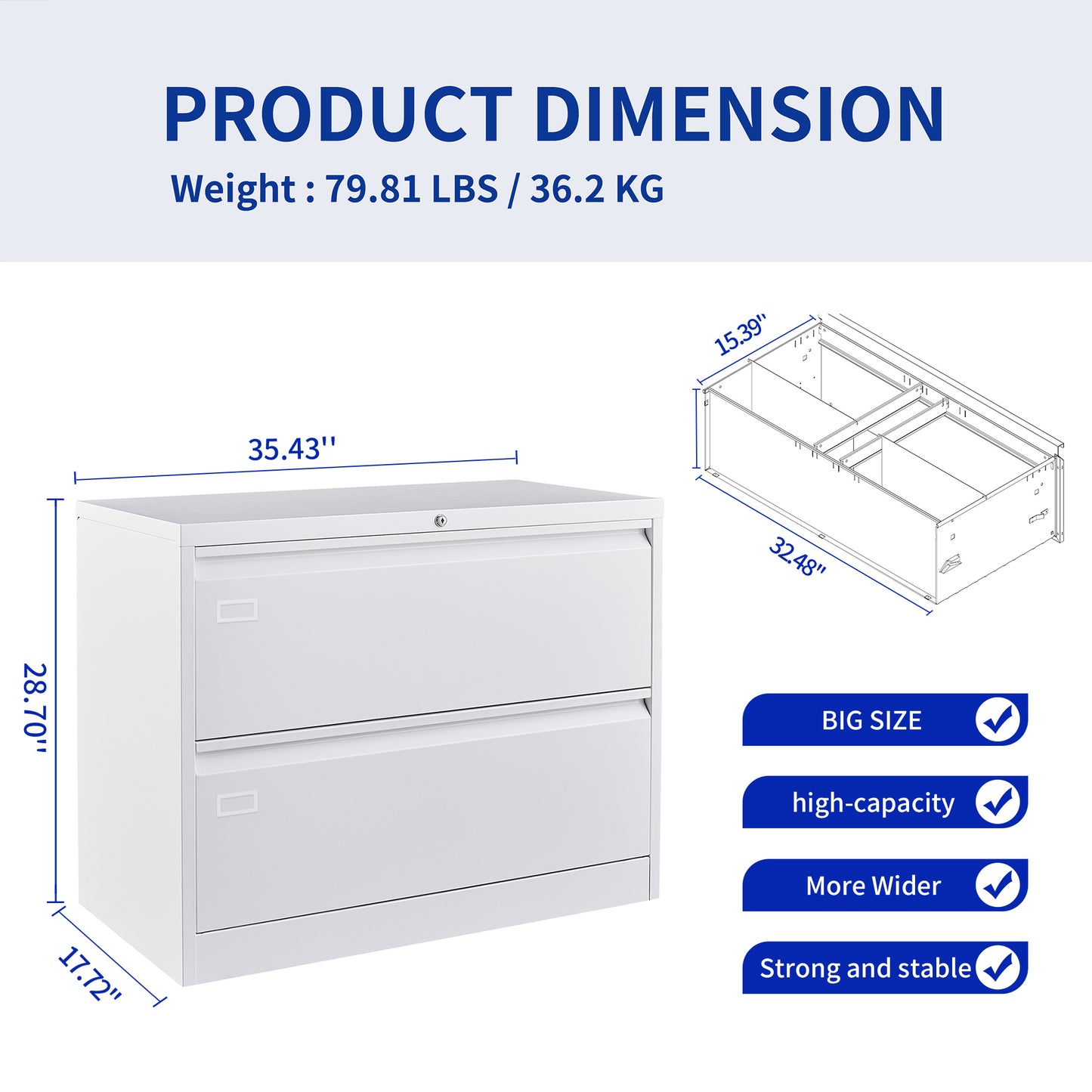 Lock Metal Steel 2 Drawer Lateral Filing Cabinet - White