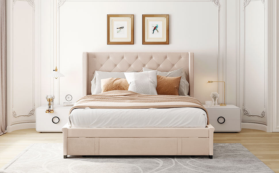 Regal Queen Size Velvet Storage Bed - Beige