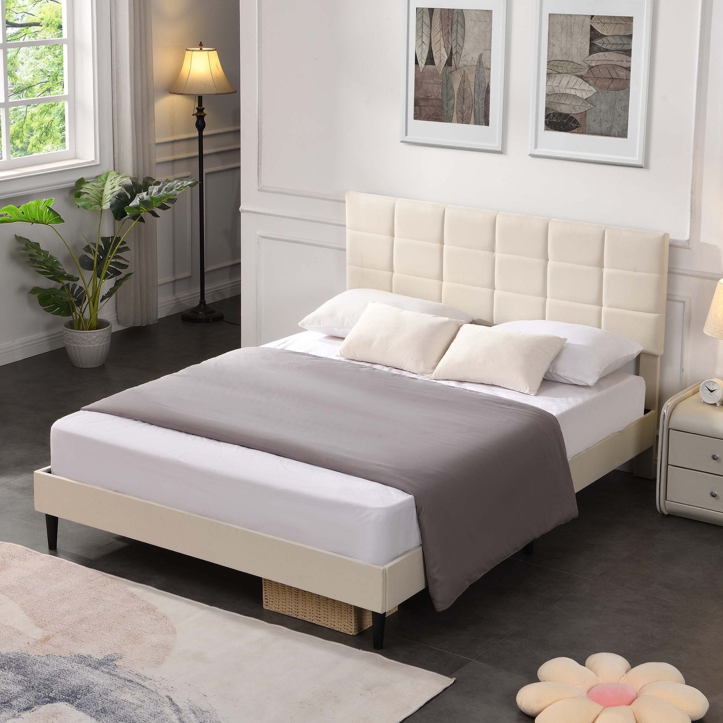 Elegant Queen Size Platform Bed Frame - Beige