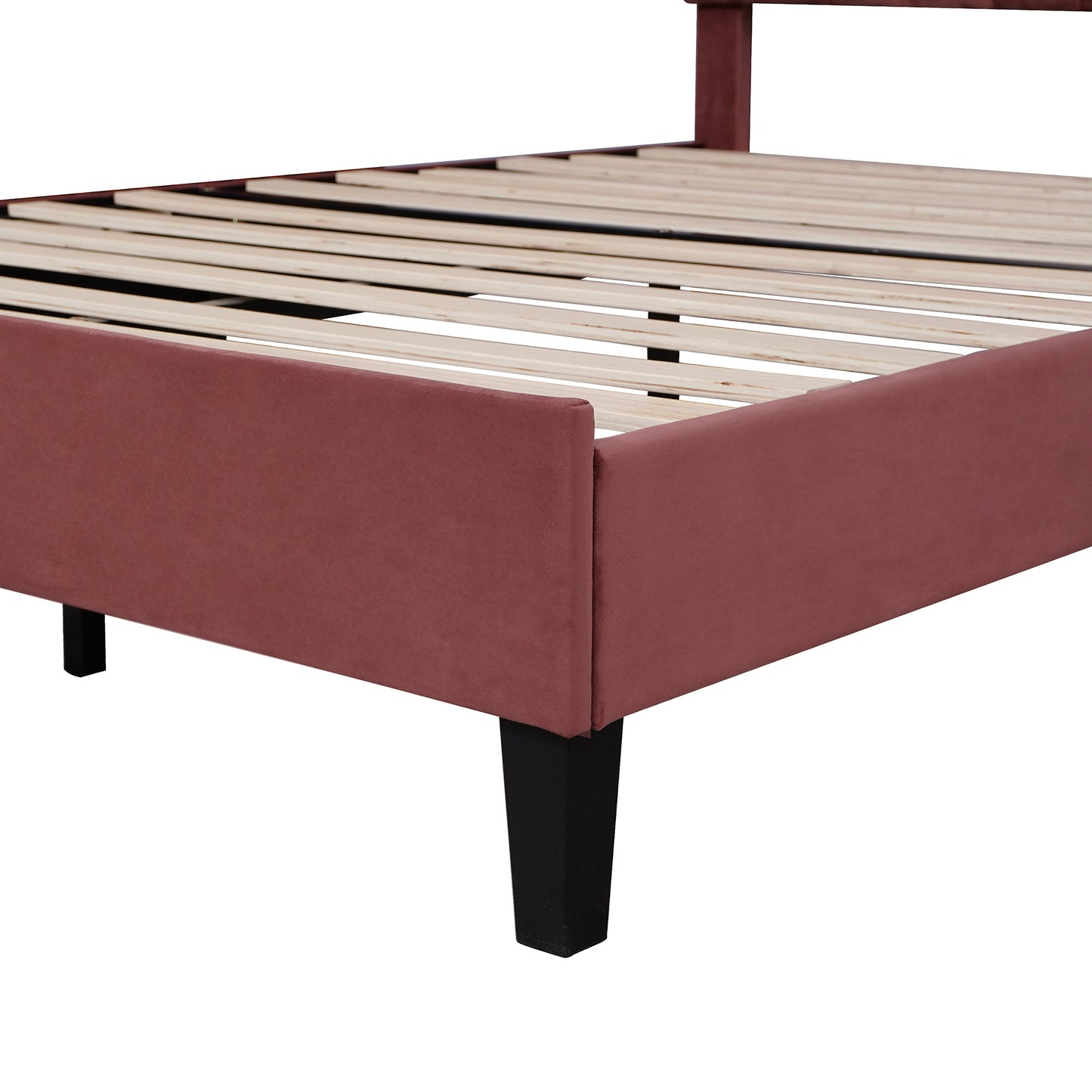Floral Bliss Queen Size Velvet Platform Bed Frame - Red