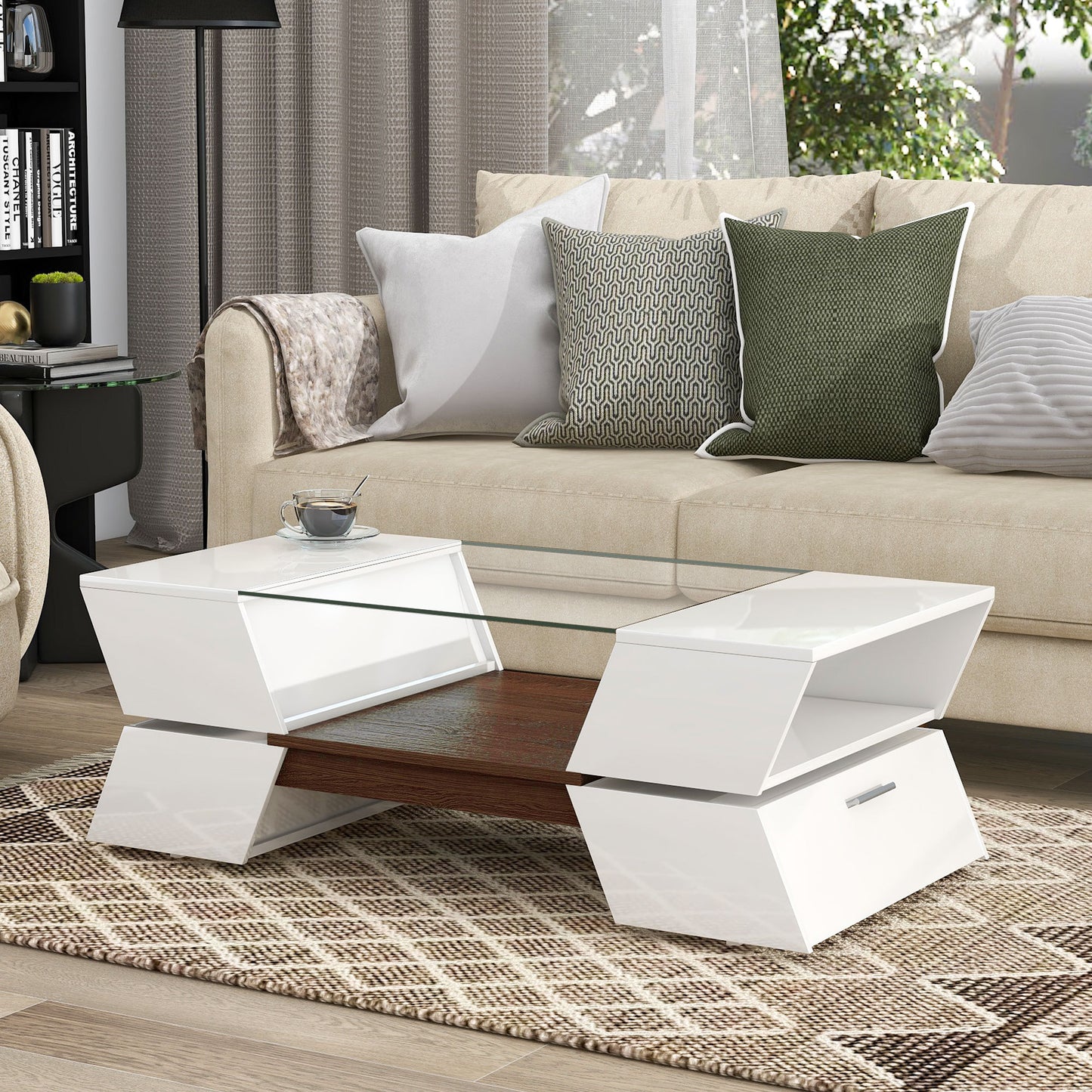 Geo Storage Glass-Top Coffee Table - White