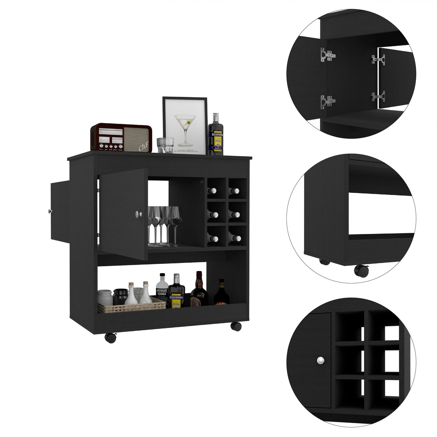 Lux 1-Shelf 6-Bottle Bar Cart - Black