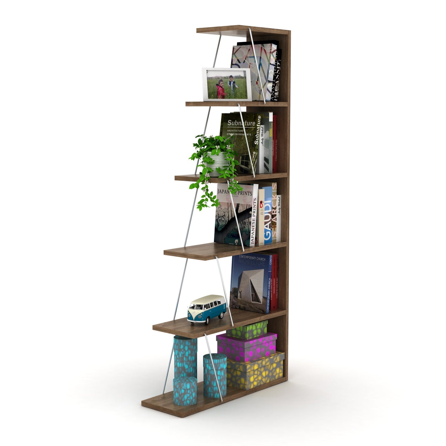 Modern Space-Saver  Ladder Bookshelf Organizer - Walnut
