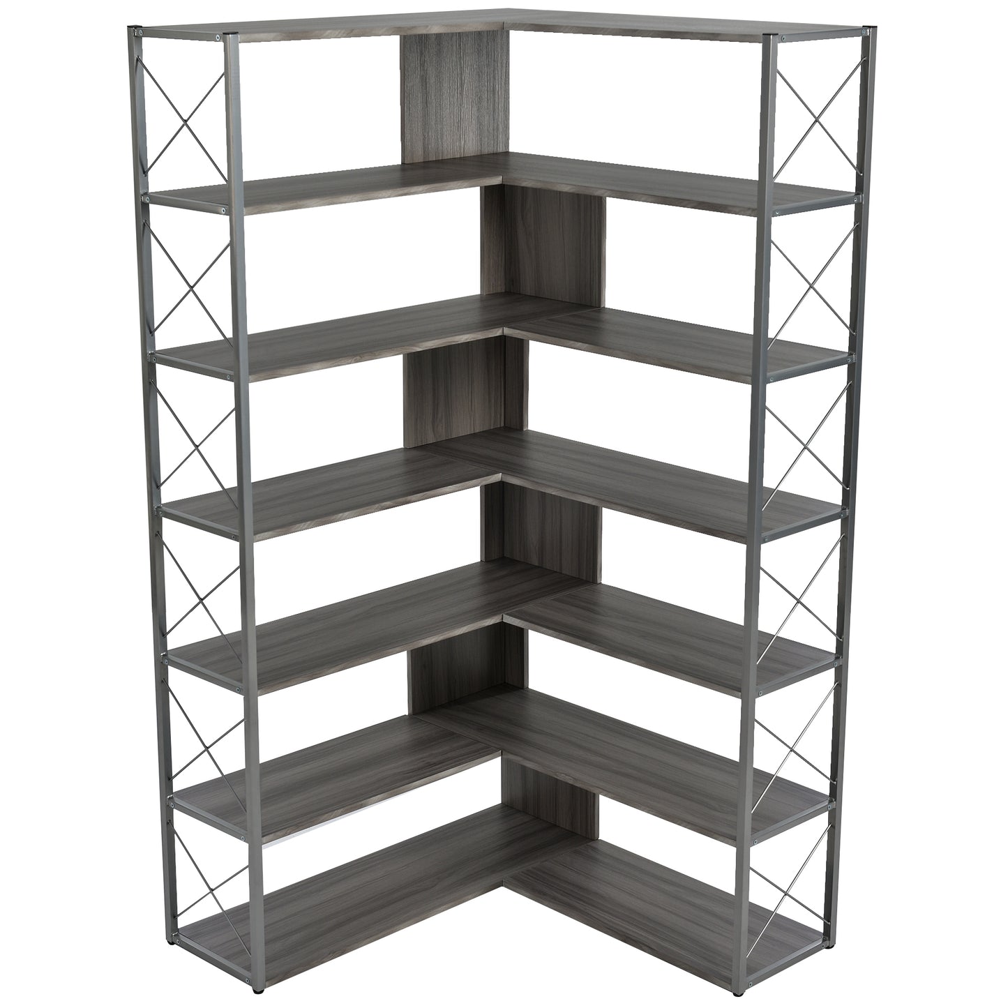 L-Shaped Corner Bookcase - Silver+Grey