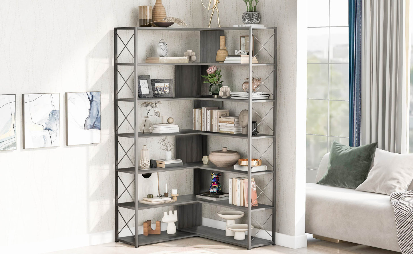 L-Shaped Corner Bookcase - Silver+Grey