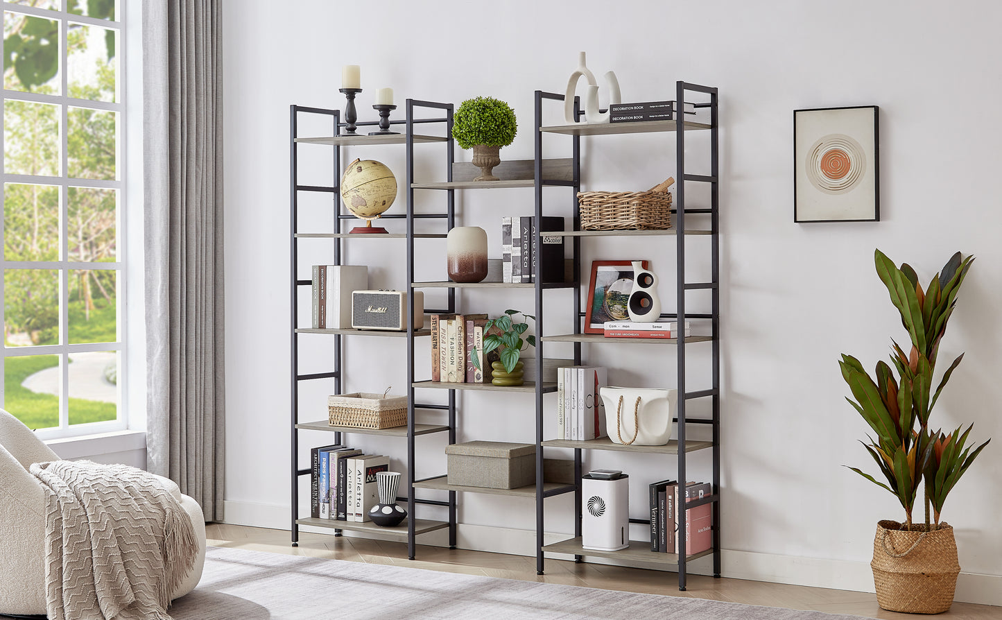 Triple Wide 5-shelf Bookshelves Industrial Retro Wooden Style - Grey