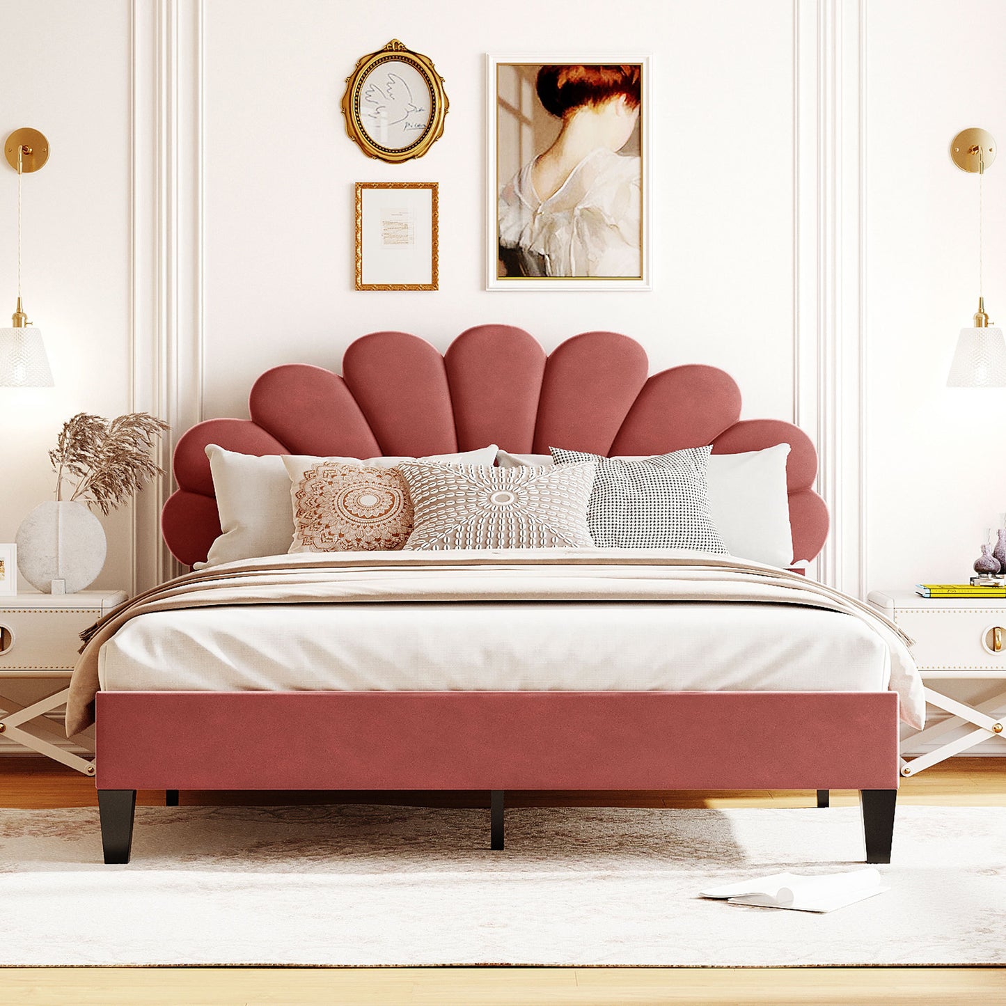 Floral Bliss Queen Size Velvet Platform Bed Frame - Red
