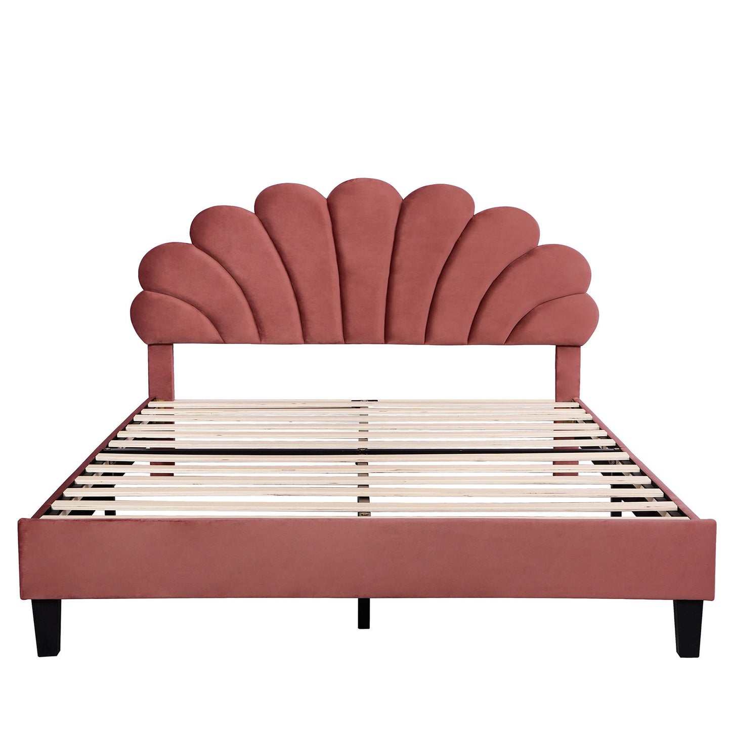 Floral Bliss Queen Size Velvet Platform Bed Frame - Red