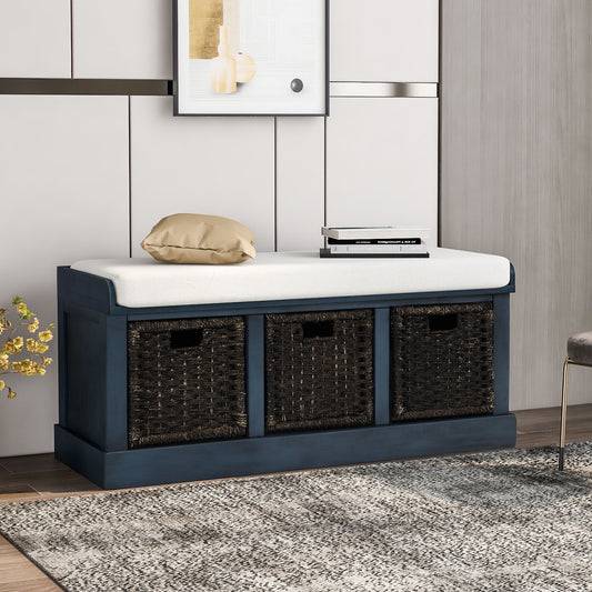 Bella Storage Bench with 3 Removable Classic Rattan Basket - Antique Navy