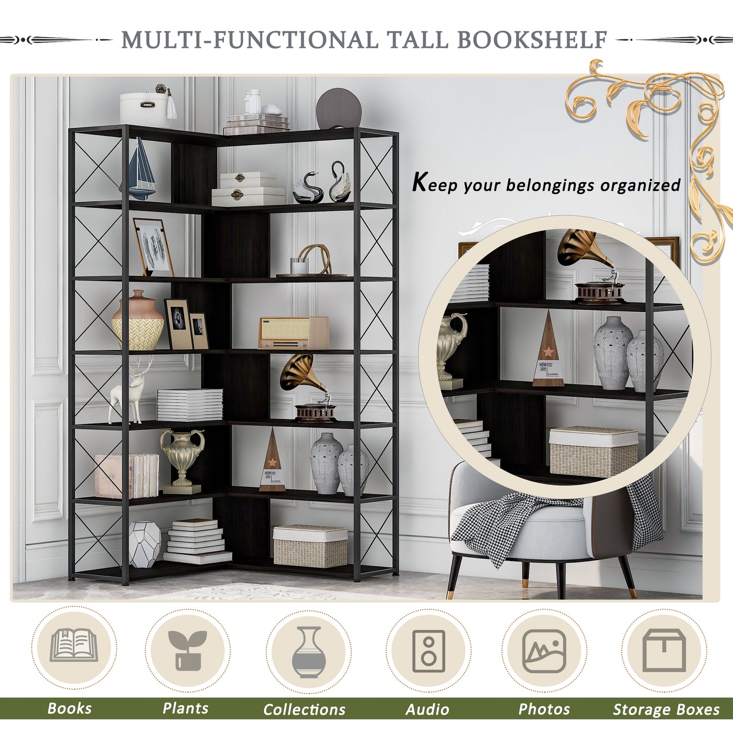 L-Shaped Corner Bookcase - Black