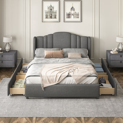 Mali Queen Size Platform Bed with Wingback Headboard - Gray