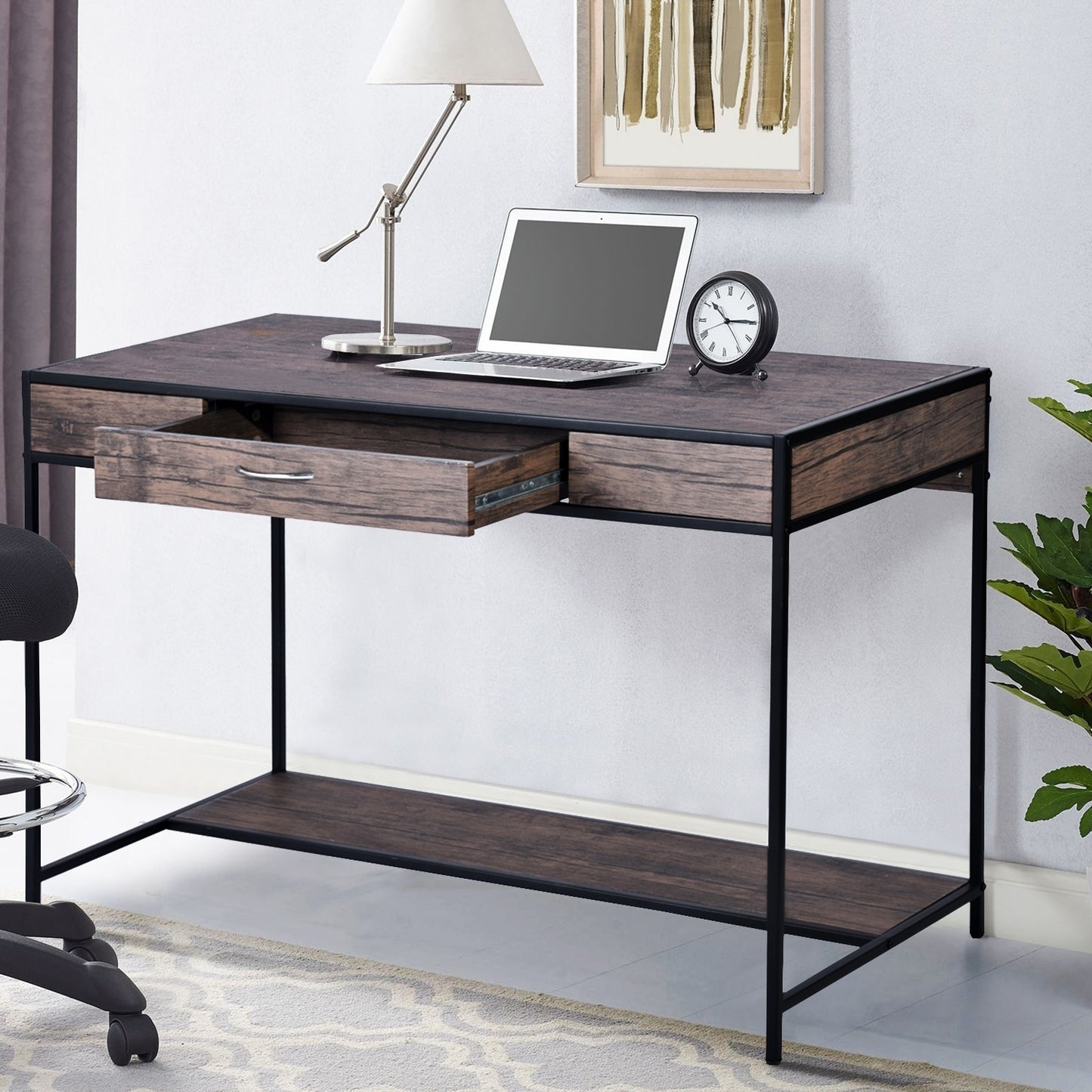 Computer Desk With one Drawer - Walnut & Black