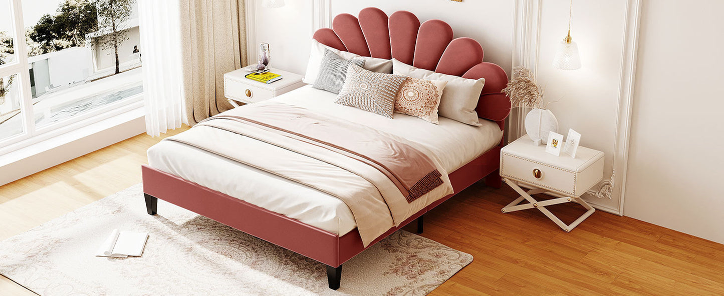 Floral Bliss Queen Size Velvet Platform Bed Frame - Red