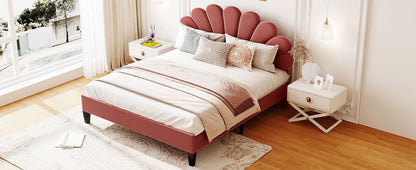 Floral Bliss Queen Size Velvet Platform Bed Frame - Red