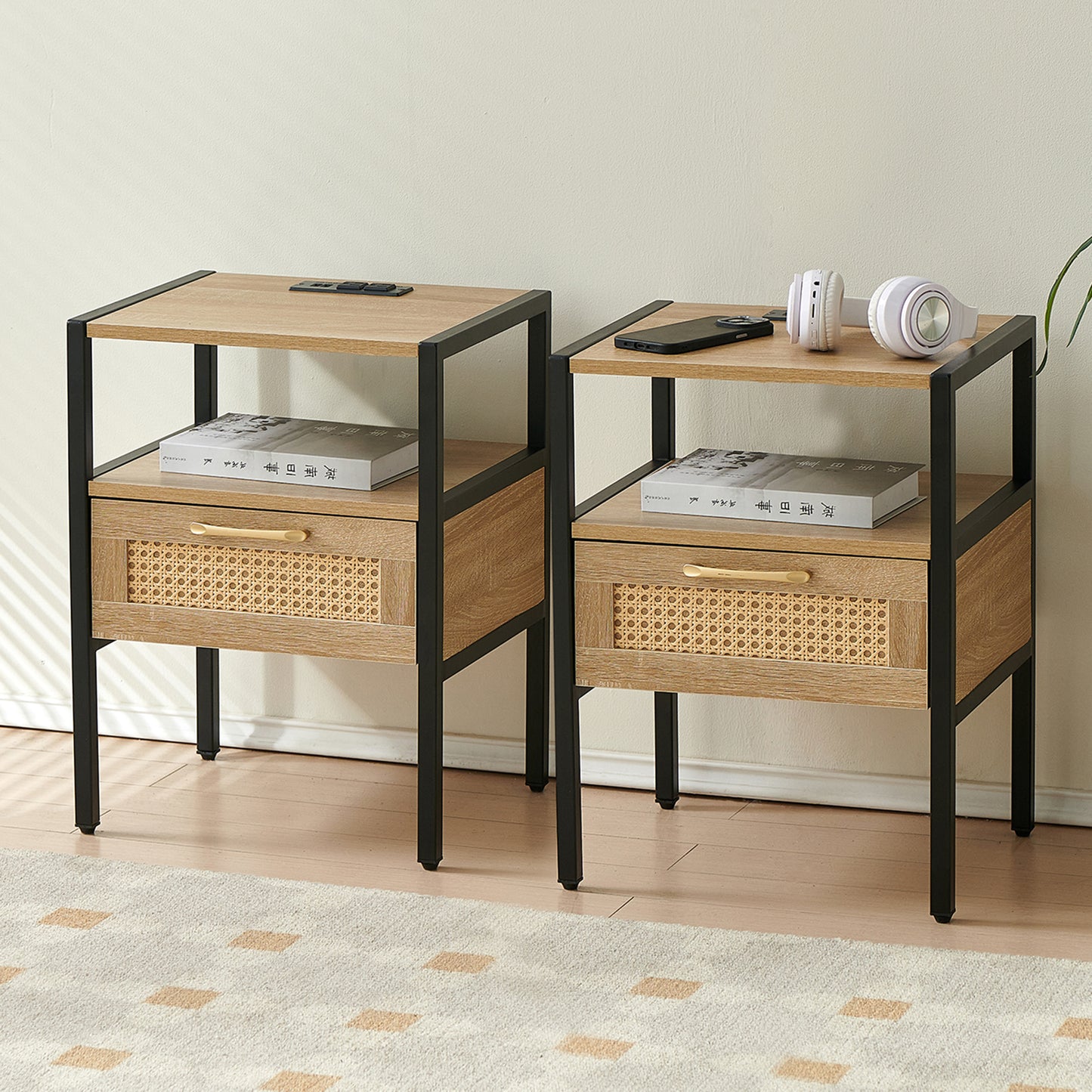 Mena II Rattan Nightstand  with Power Outlet & USB Ports ( Set of 2) - Natural