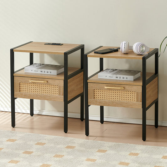 Mena II Rattan Nightstand  with Power Outlet & USB Ports ( Set of 2) - Natural