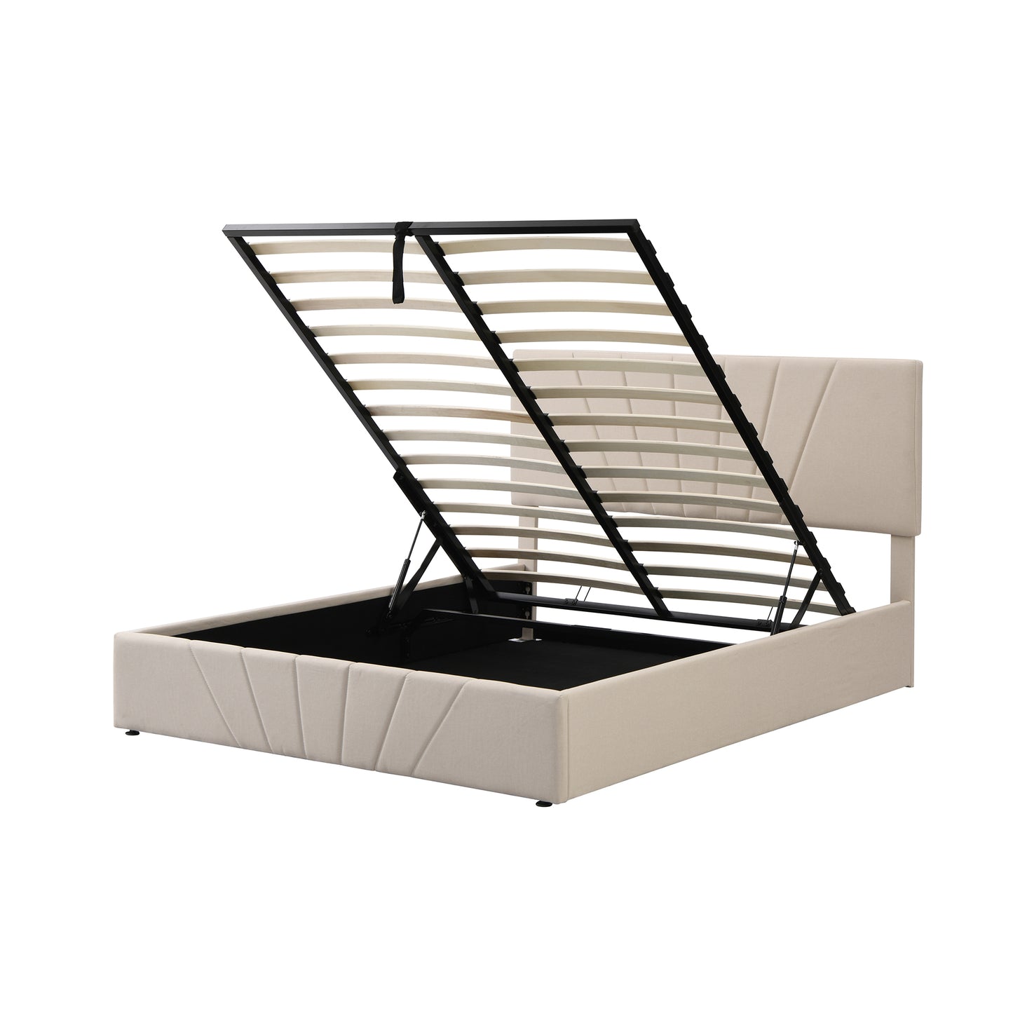Regal Restful Retreat - Beige Upholstered Platform Bed with Hydraulic Storage